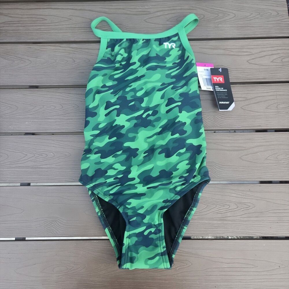 TYR Women Youth Girl Camo Diamondfit Durafast Swim Green, Size 26 New